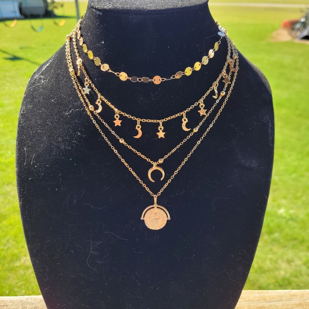 Women's Sun Moon Stars Pendant Circle Gold Tone Layered Necklace